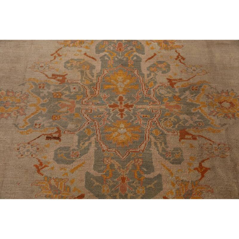 Brown Vegetable Dye Oushak Turkish Antique Rug Handmade Wool Carpet - 9'7" x 11'8"