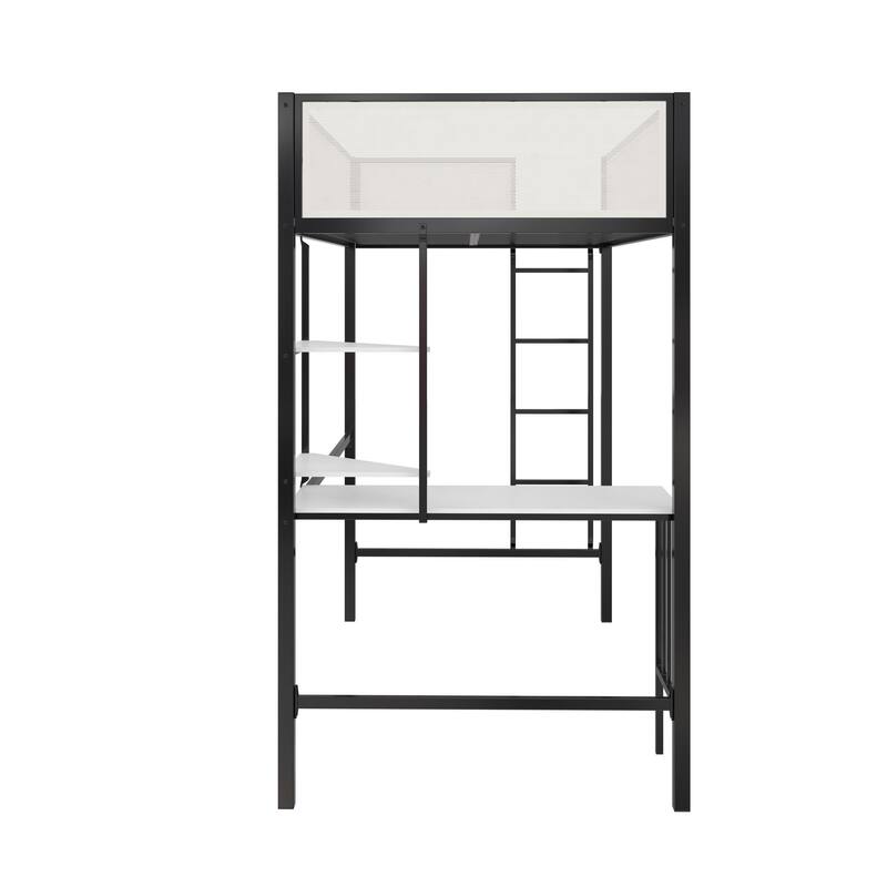 Roomfitters Axel Twin Metal Loft Bed with Desk and Shelves, Mesh Guardrails, Black and Off-White