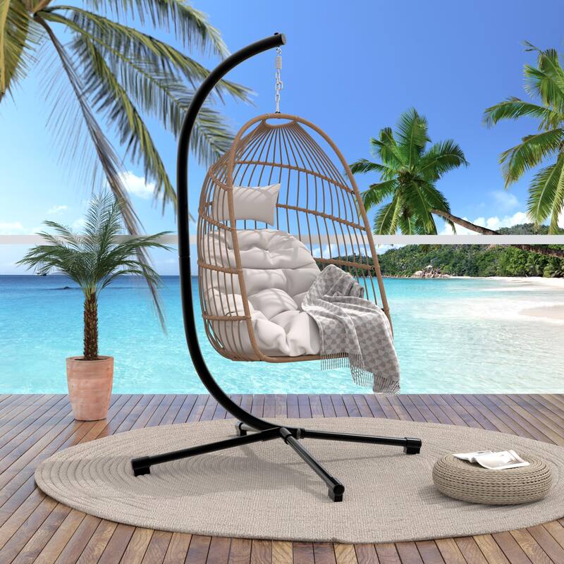 Outdoor Egg Hanging Chair, Swing Chair with Stand & Aluminum-Steel Frame, Patio Rattan Wicker Hanging Swing Egg Chair - Light Yellow