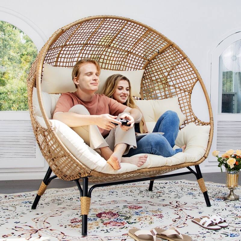 2-Person Papasan-Style Oversized PE Wicker Egg Chair with Cushions, 57.1" Wide, 680-lb Capacity, Indoor/Outdoor