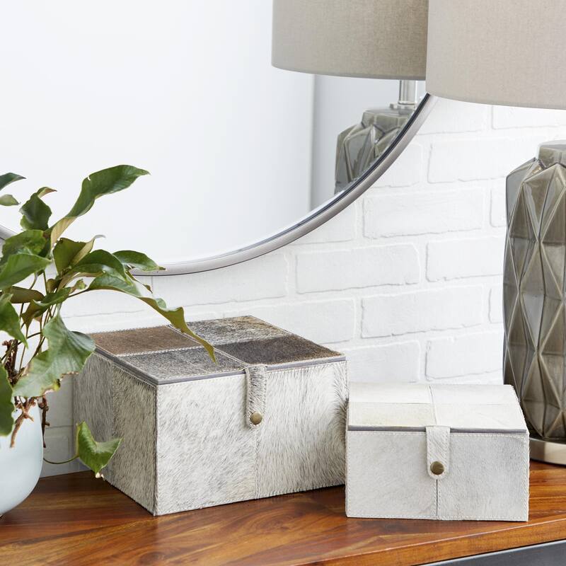 Leather Handmade Decorative Box with Hinged Lid - Set of 2 Gray, Brown, Dark Brown, Gold, Silver - Roche River Decor