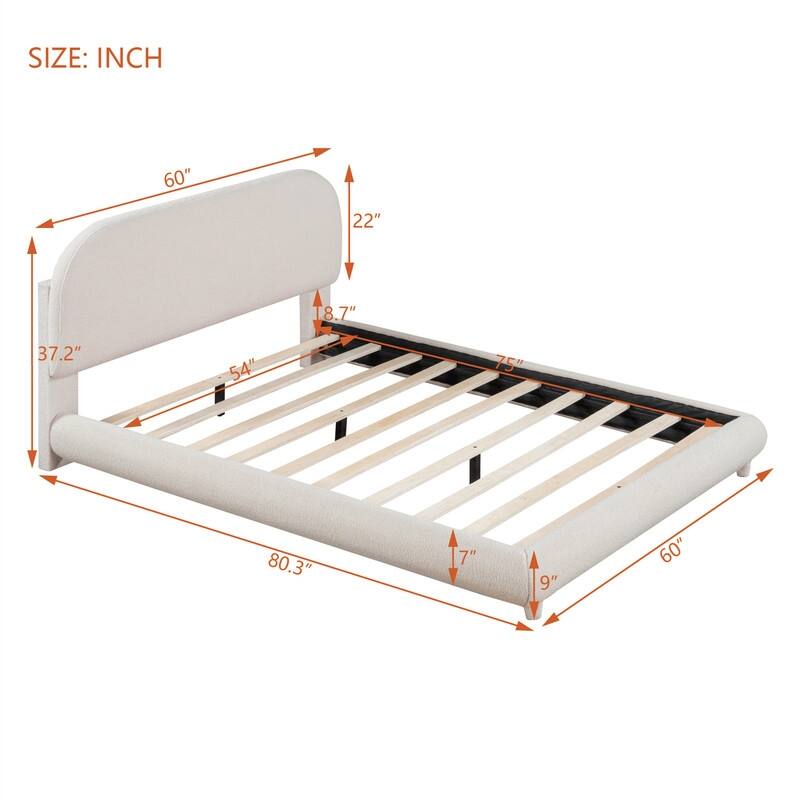 Teddy Fleece Upholstered Bed Frame with Curved Shaped Headboard, Full/Queen Size Platform Bed with Wood Slats Support