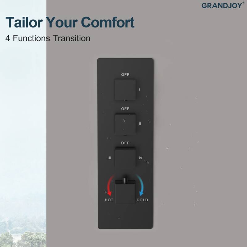 GRANDJOY Thermostatic Triple-Function LED Rain and Waterfall Shower System with Handheld and Built-In Music