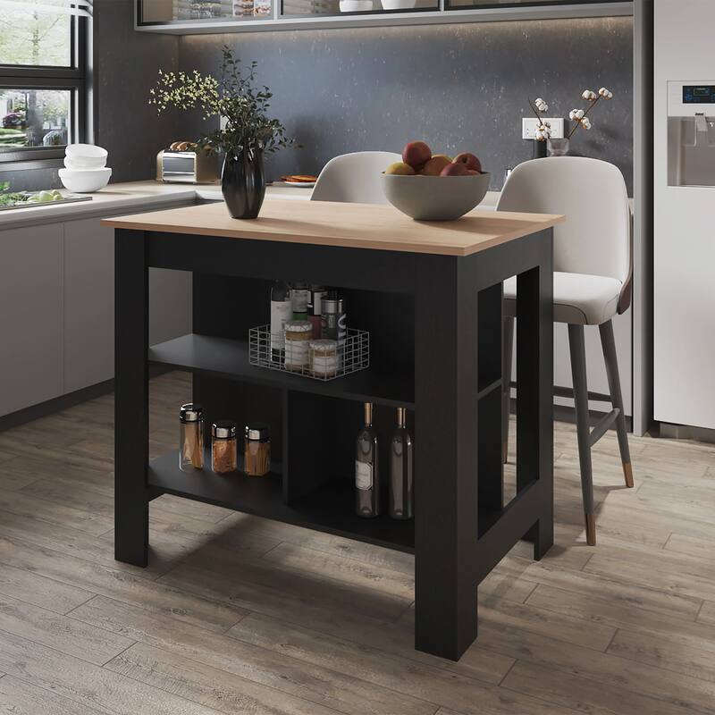 Light Pine and Black Kitchen Island with Open Storage