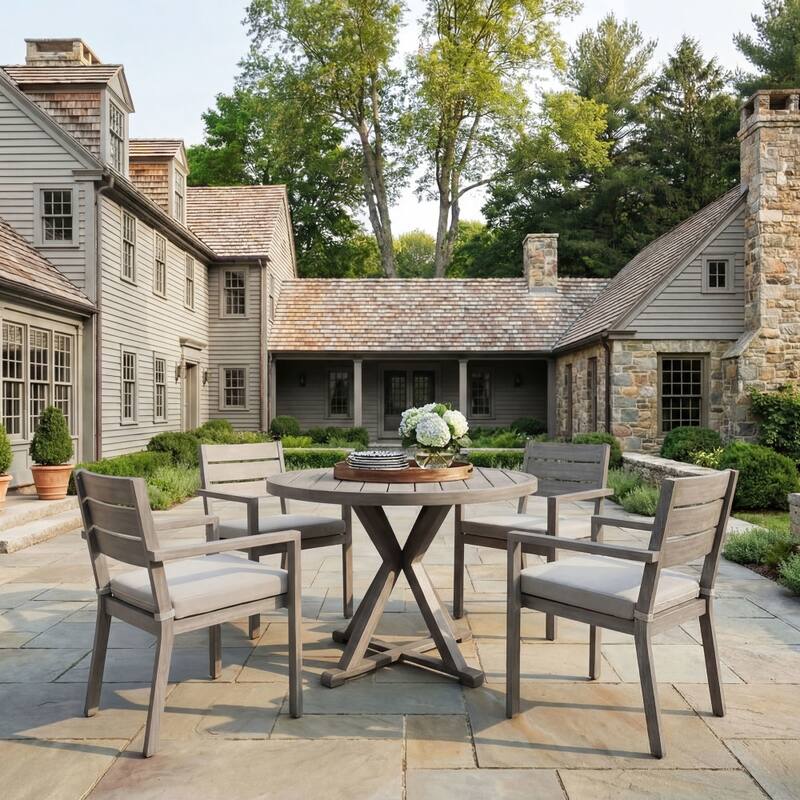 Martha Stewart All-Weather Patio Set with 36" Round Trestle Base Table and 4 Stack Armchairs - 22.25"W x 23.75"D x 34"H
