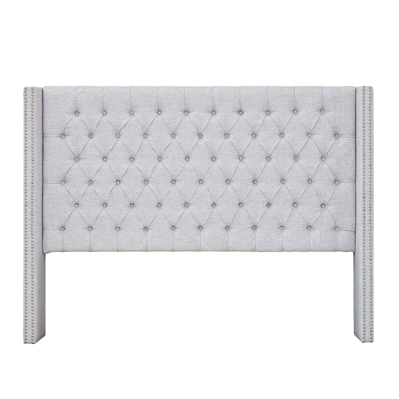Grey Queen Upholstered Wingback Headboard with Tufted Buttons and Nailhead Trim
