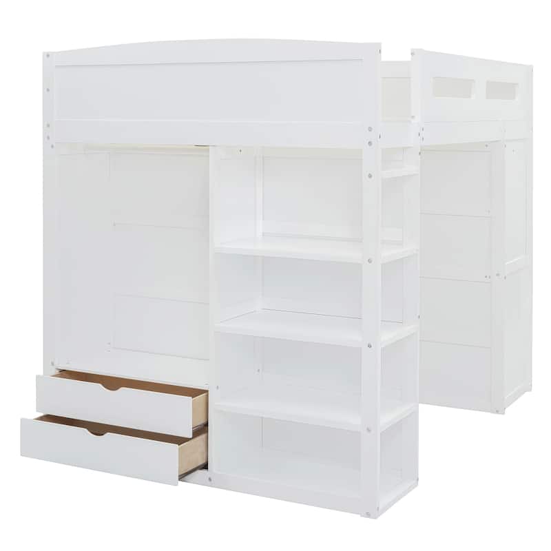 Full Size Solid Wood Loft Bed with Desk, Wardrobes, and Shelves