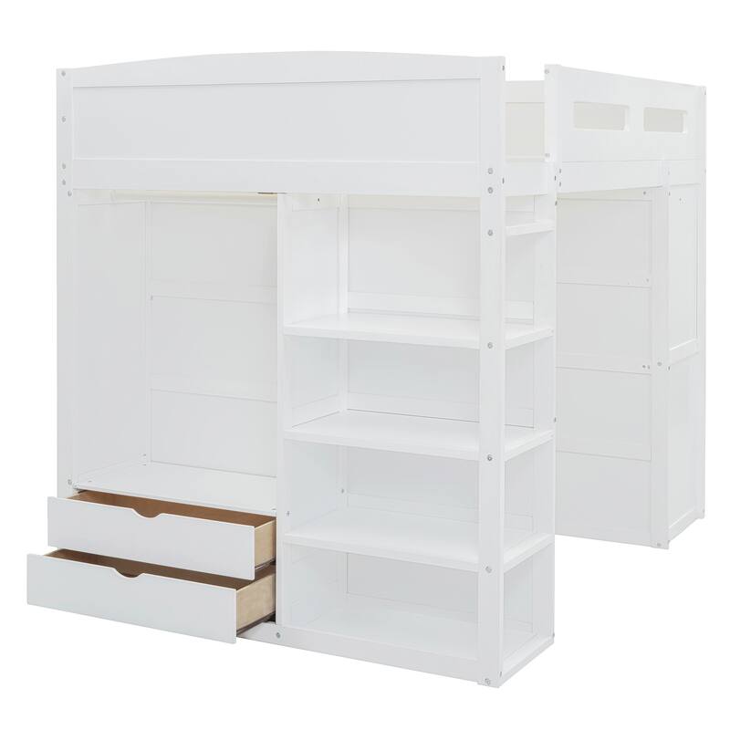 Solid Wood Loft Bed with Desk, Wardrobes, and Shelves