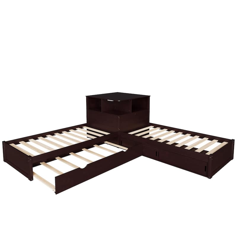 Twin Size L-shaped Bed with Trundle Bed and Storage Cabinets, Desk, Lighting, Corner Platform Storage Bed