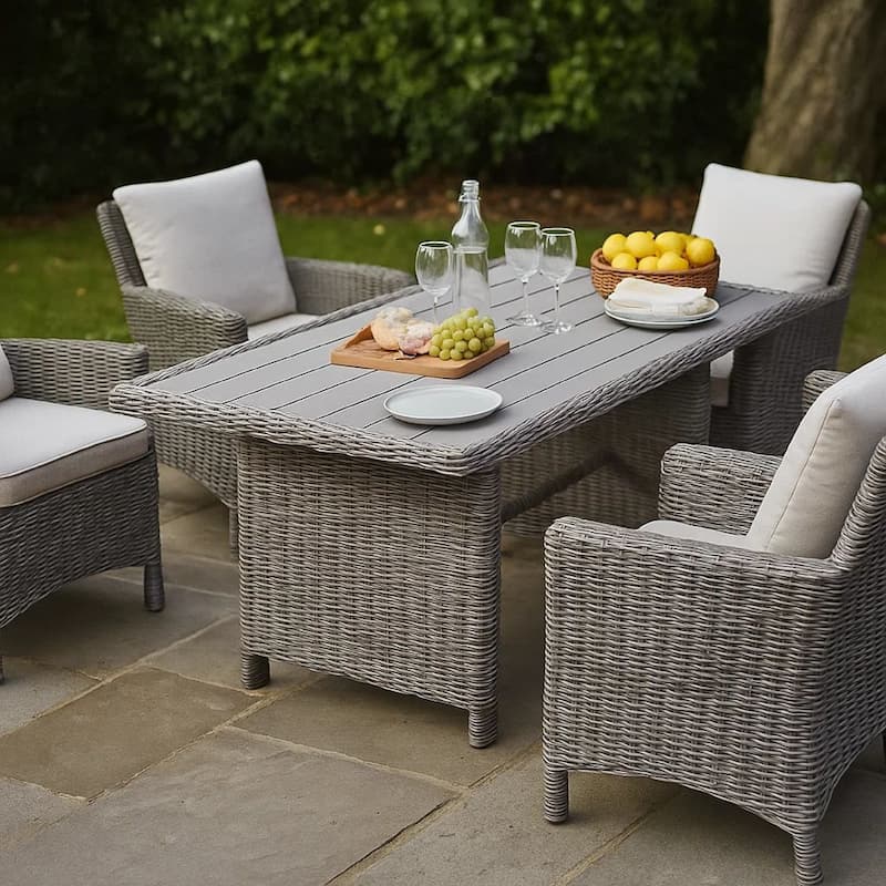 59 Inch Outdoor Aluminum Dining Table, Gray Faux Wicker Slatted Surface