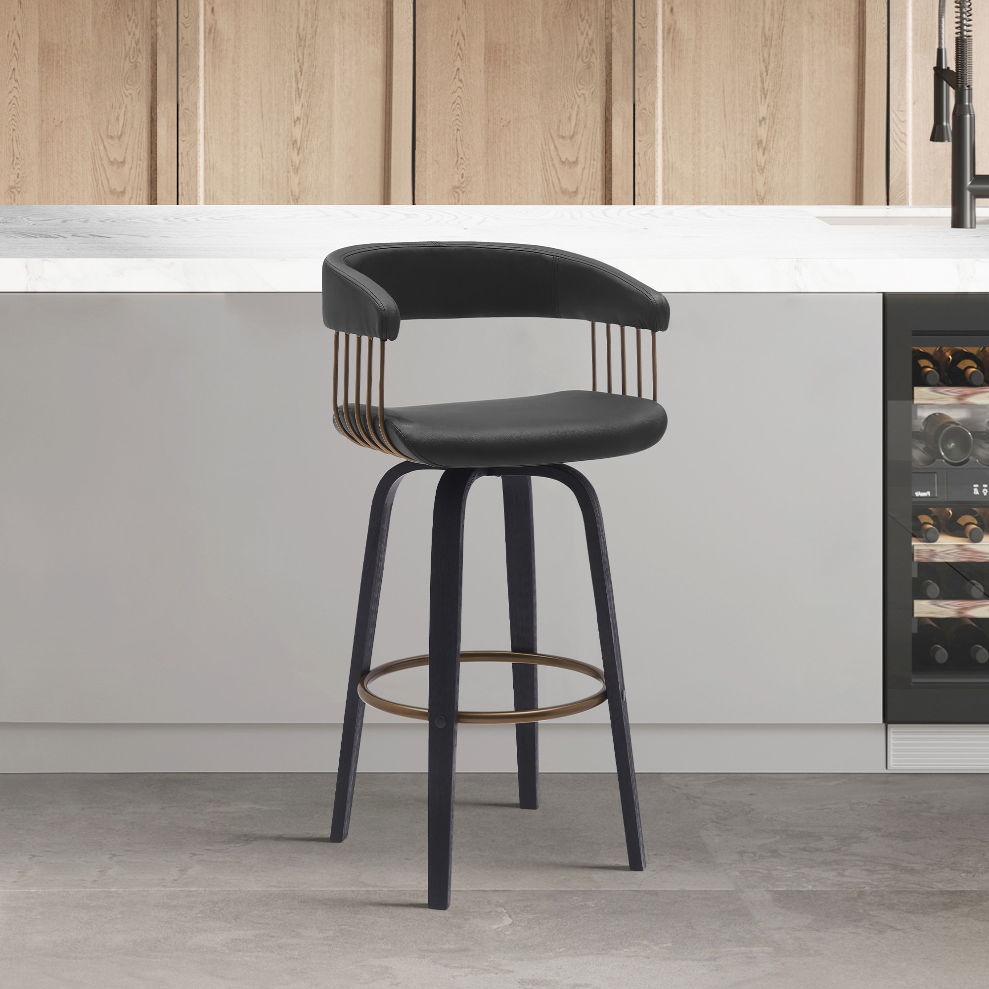 Armen Living Topanga Modern Swivel Bar Stool, Upholstered Counter Height Chair with Bentwood Legs