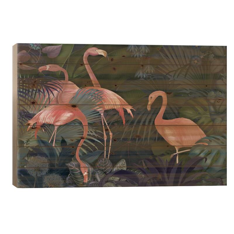 Flamingos In A Garden II Print On Wood by Fab Funky - Multi-Color - 18x26x1.5