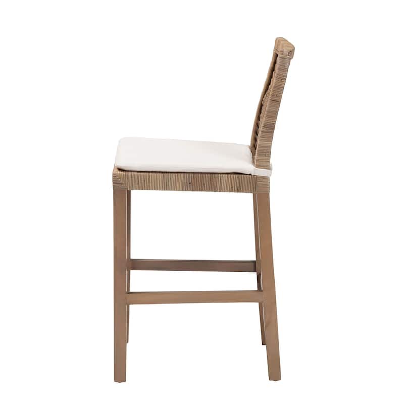 Poltak Modern Bohemian Grey Natural Kubu Rattan and Mahogany Wood Counter Stool
