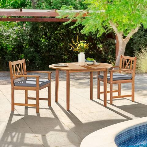 Manchester Acacia Wood Outdoor Dining Set with Round Dining Table, 2 Dining Chairs with Cushions, Set of 3