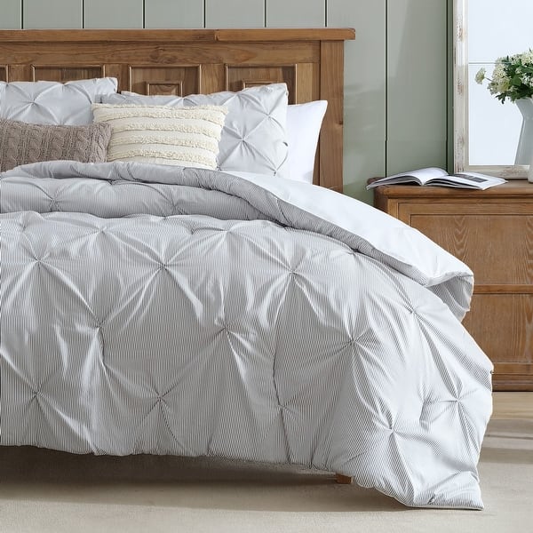 Swift Home 3-Piece Printed Stripe Pintuck Bedding Comforter Set - Charcoal Grey - Queen