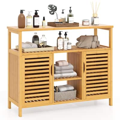 Gymax Bamboo Bathroom Cabinet 2-Door Storage Organizer w/ Shelves for