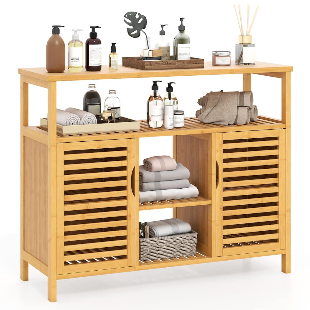 Gymax Bamboo Bathroom Cabinet 2-Door Storage Organizer w/ Shelves for