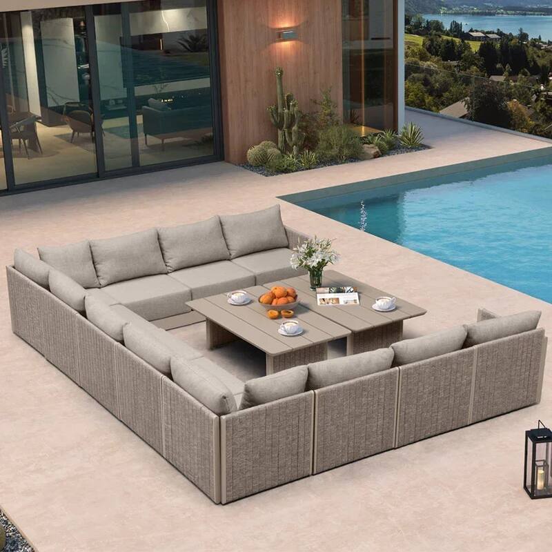 PURPLE LEAF Santorini 4-13 Piece Khaki Sofa with Ottoman and Cushion for Poolside Garden Couch Outdoor Patio Conversation Sets - 11-Piece+2-Table - U-shaped