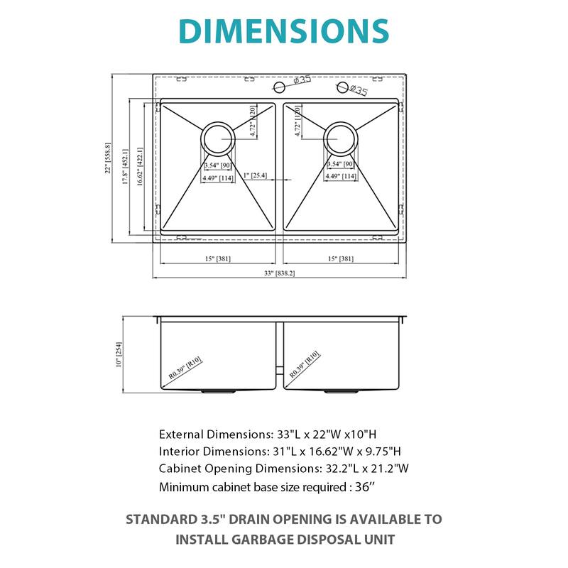 33" Drop-in 16 Gauge Double Bowl Stainless Steel Kitchen Sink in Brushed Nickel - 33'' x 22'' x 10''