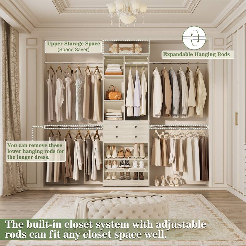 Closet Organizer with 5 Hanging Rods and 2 Drawers, Adjustable Closet System with Shelves and Shoe Rack