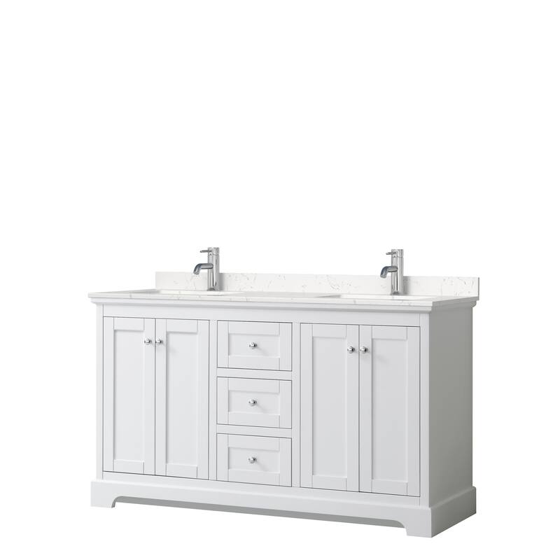 Avery 60 Inch Double Vanity, Cultured Marble Top - White, Chrome Trim, Carrara Cultured Marble Top