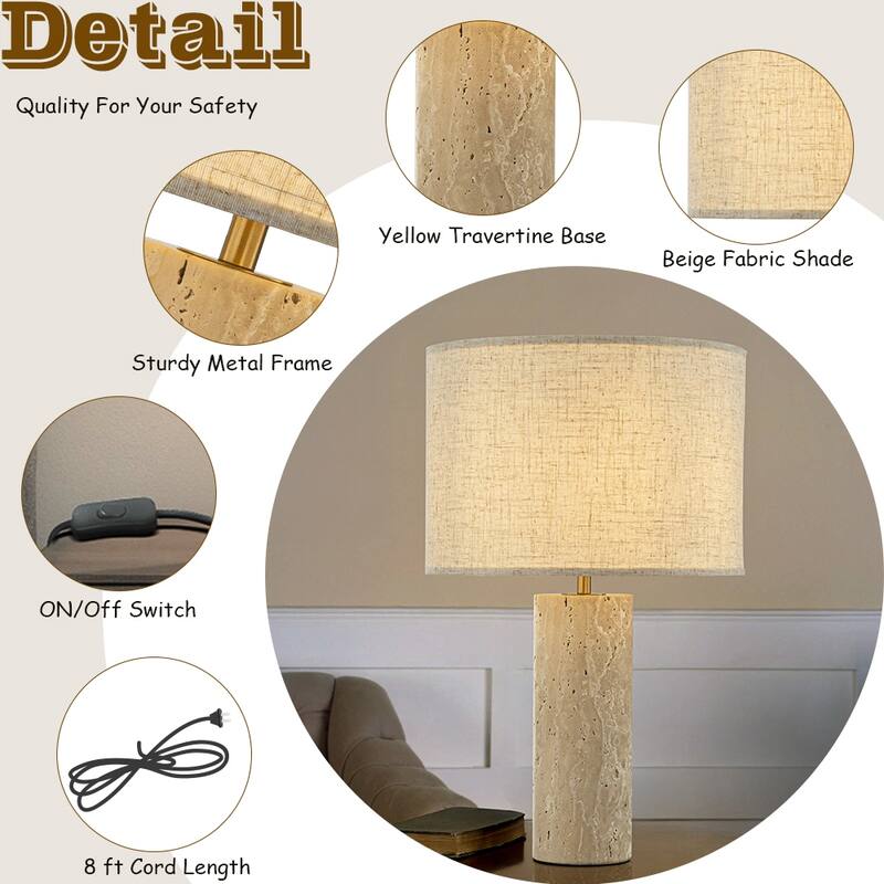1-Light 22'' Modern Coastal Natural Cylinder Travetine Table Lamp With Beige Linen Shade For Bedroom and Living Room - W14''