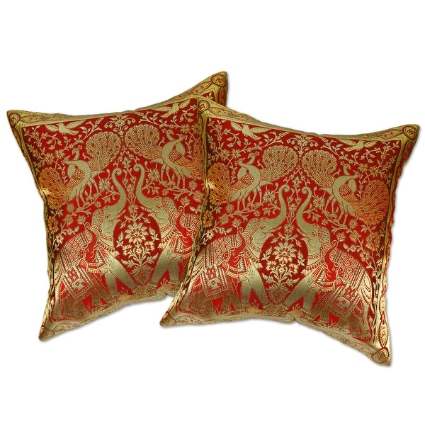 Handmade Red Loving Elephant Peacock and Bird Silk Throw Pillow