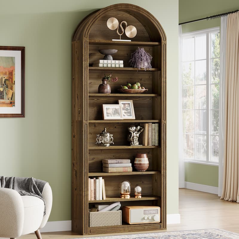 79.5" Tall Arched Bookcase with Storage Shelves