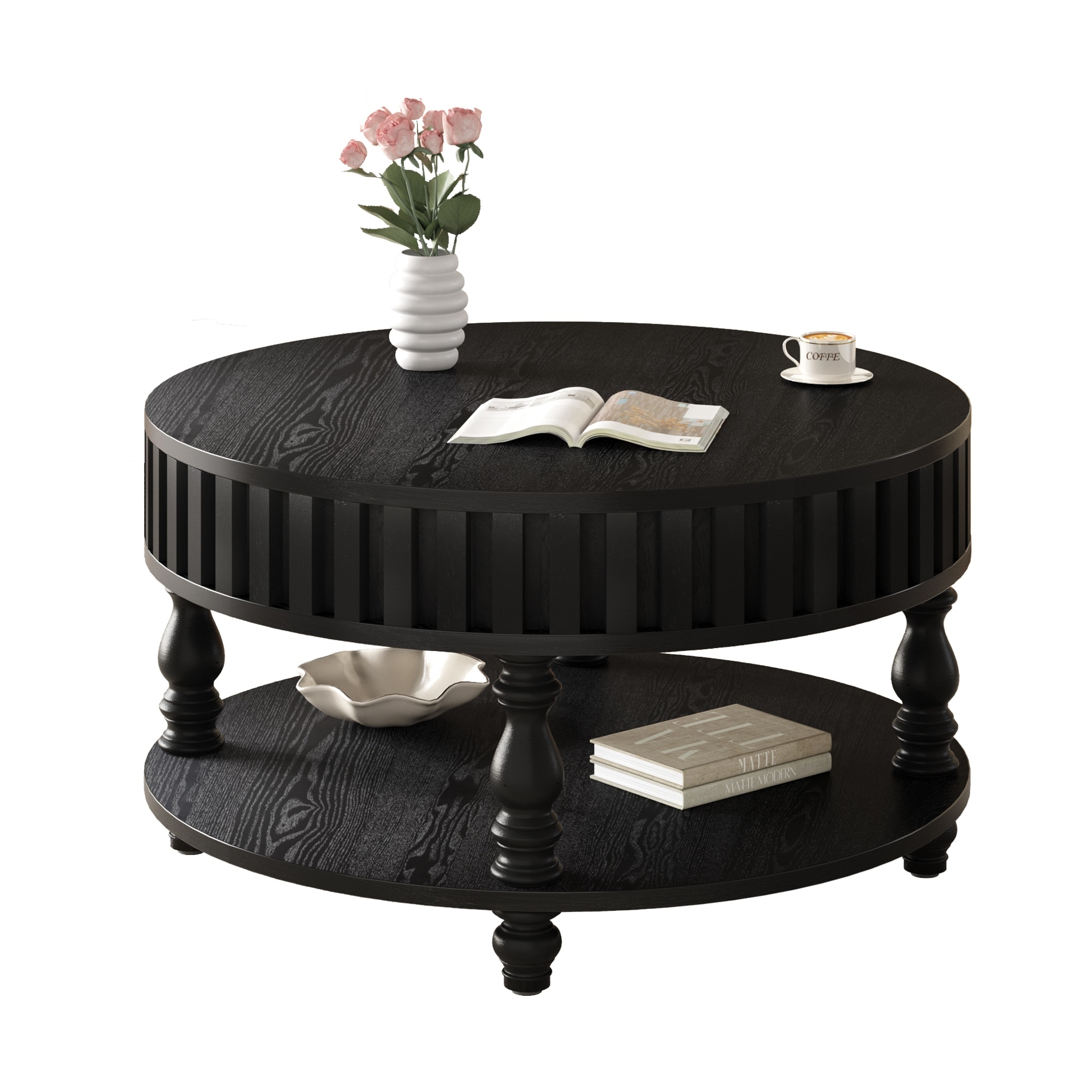 Modern Fluted Coffee Table with Storage, Black Finish Center Table