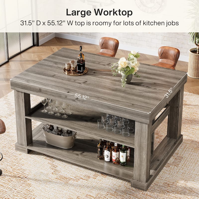 55-Inch Stationary Kitchen Island with Seating and Storage Shelves & Large Worktop, Farmhouse Style - 31.5"D x 55.12"W x 35.43"H