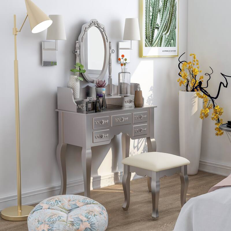 Pontoppidan Glam Wood 2-Piece Makeup Vanity Table and Stool Set by Silver Orchid