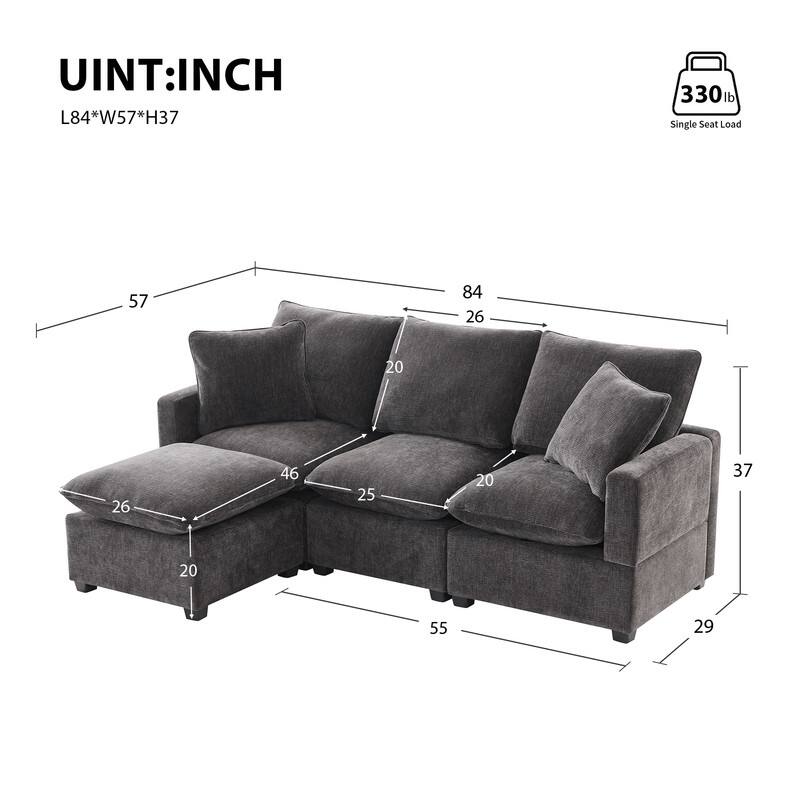 84" Modern Chenille Living Room Sofa,3 Seater Sectional Couch with 2 Pillows and Ottoman