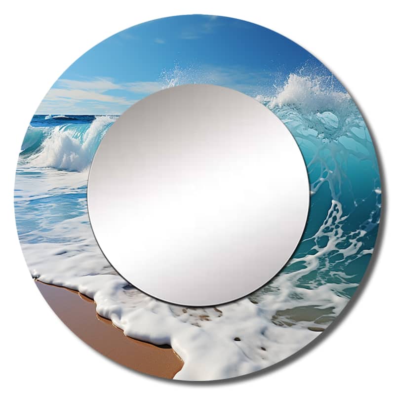 Designart "Turquoise Power Of Ocean Wave I" coastal Living Room Mirror - Blue Nautical & Coastal Round Mirror