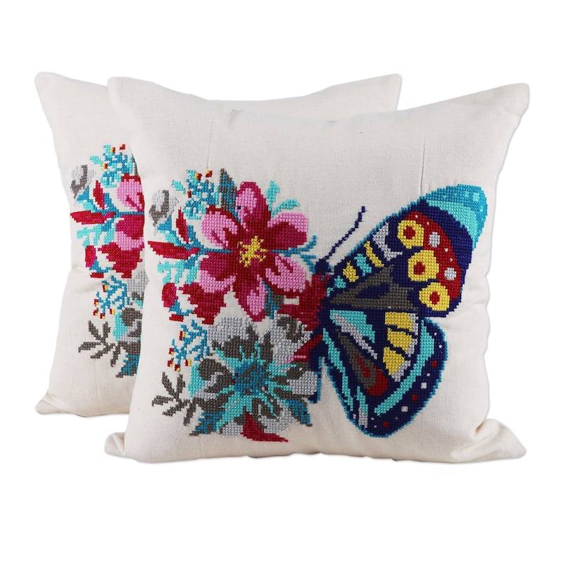 Novica Handmade Butterfly Universe In Beige Cotton Cushion Covers (Pair)