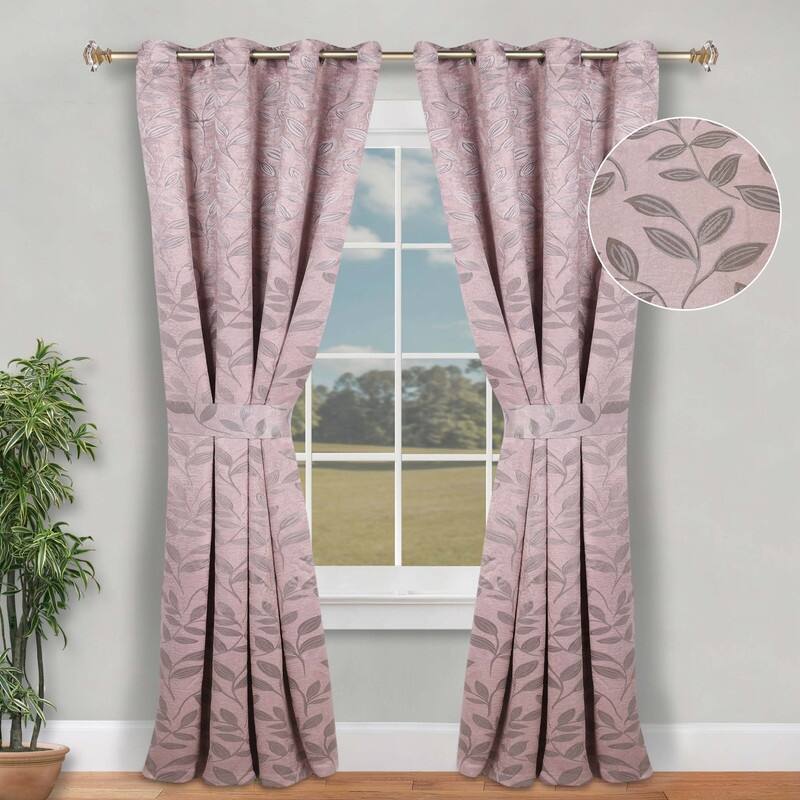 Superior Leaves Machine Washable Room Darkening Grommet With Ties Blackout Curtains, Set of 2