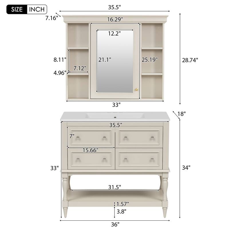 36"" Bathroom Vanity with Ceramic Sink and Medicine Cabinet, 4 Drawers, Storage Shelf, Solid Wood Frame,Bathroom Cabinet Set