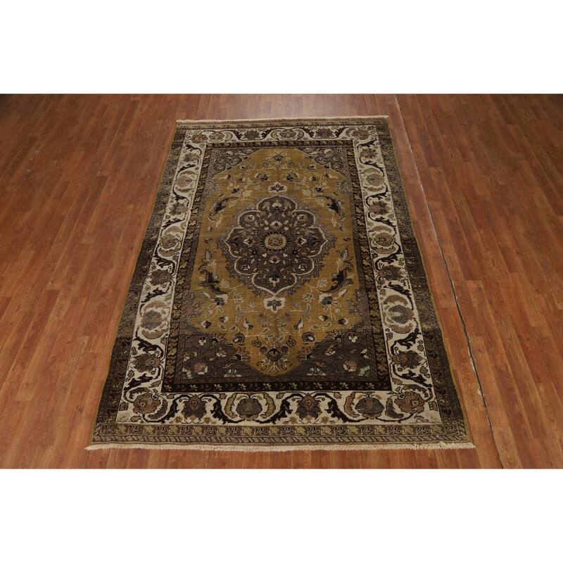 Gold Vegetable Dye Mashad Antique Persian Rug Handmade Wool Carpet - 5'3" x 8'3"