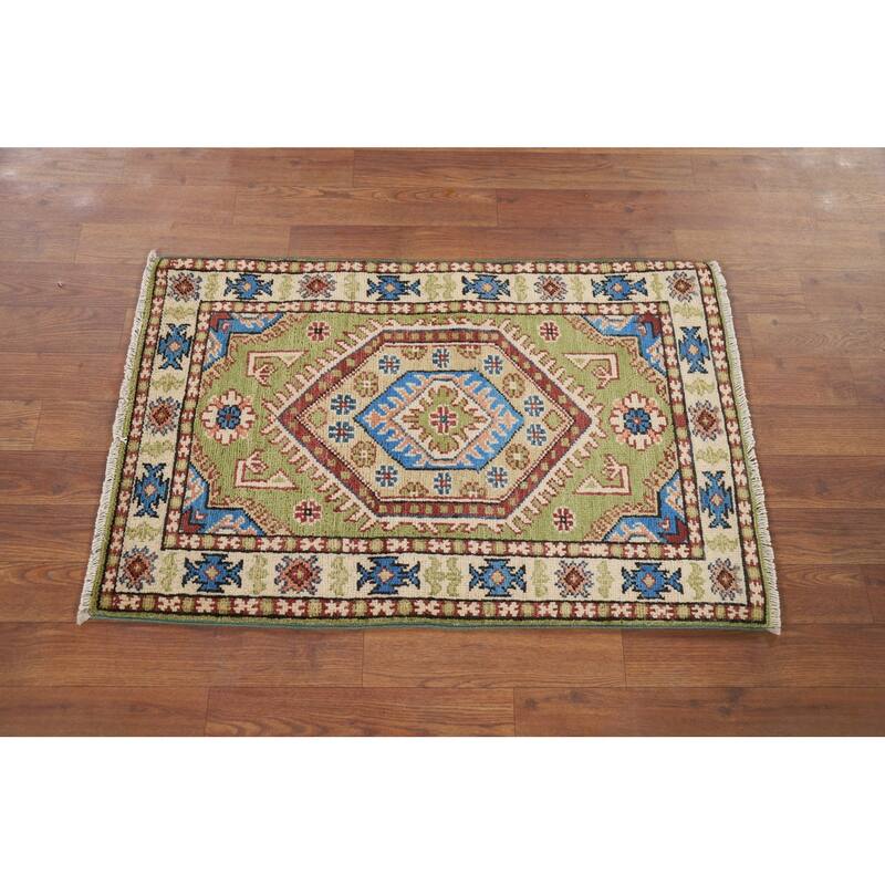 Hand Knotted Oriental 100% Wool Carpet Traditional Geometric Green Kazak Area Rug - 3' 1'' X 2' 0''