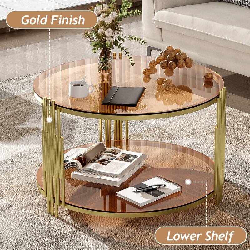 Modern 2-Tier Mirror Coffee Table with Asymmetrical Metal Legs, Round Metal Drum Base Cocktail Table