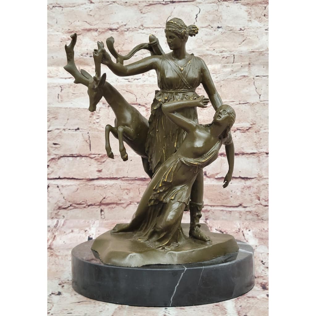 Bronze Diana Huntress And Deer Statue Clical Mythical Sculpture Decor
