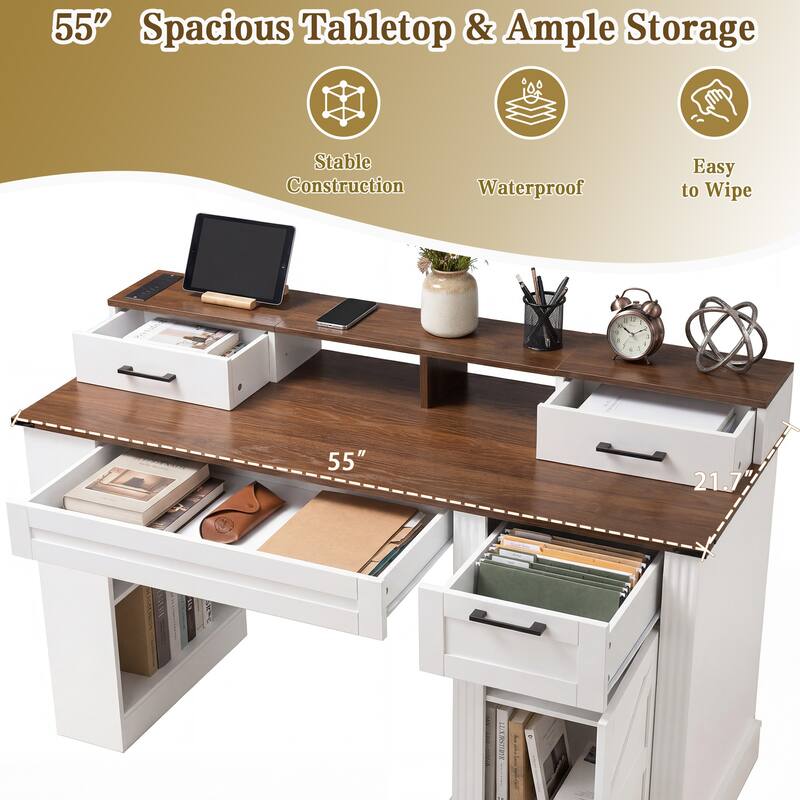 Roomfitters 55" Farmhouse Office Desk with Barn Door Cabinet, Pegboard & Charging Station