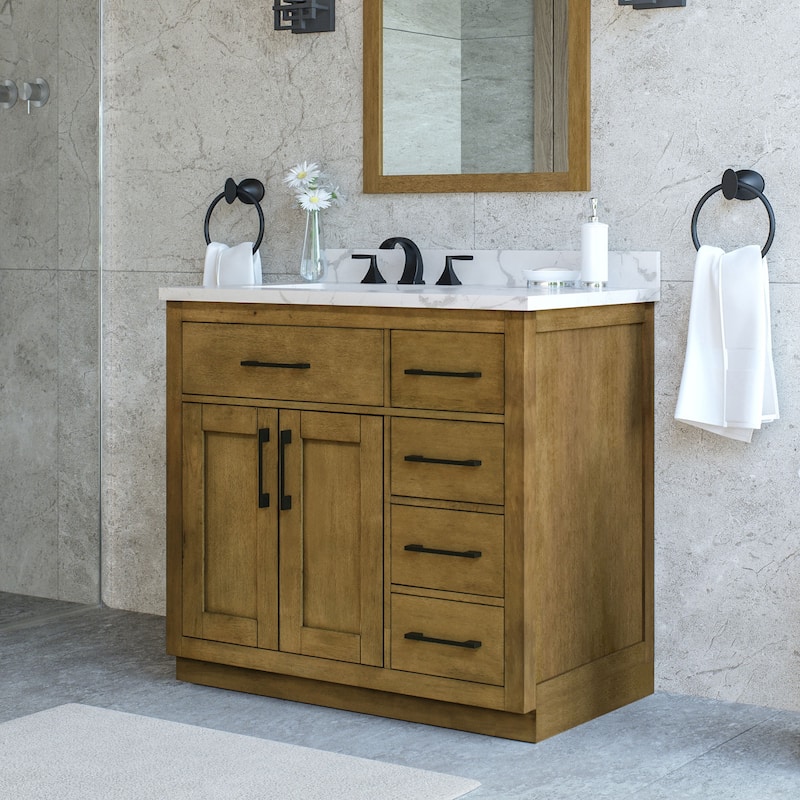 Athea Bathroom Vanity with White Engineered Marble Top - 36" - Almond Latte with Matte Black Hardware