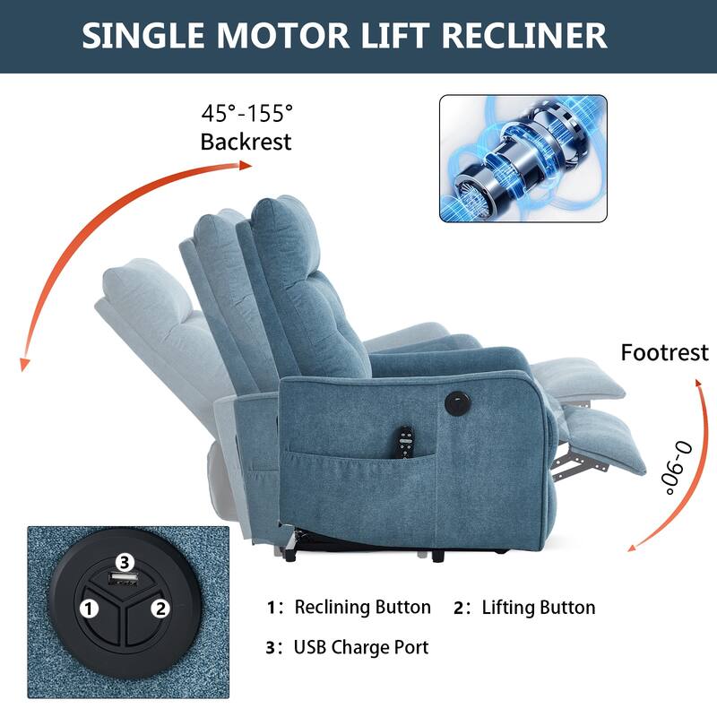 Chenille Single Motor Power Lift Recliner Chair with Massage and Heat for Elderly, Heavy Duty Motion Mechanism and One USB
