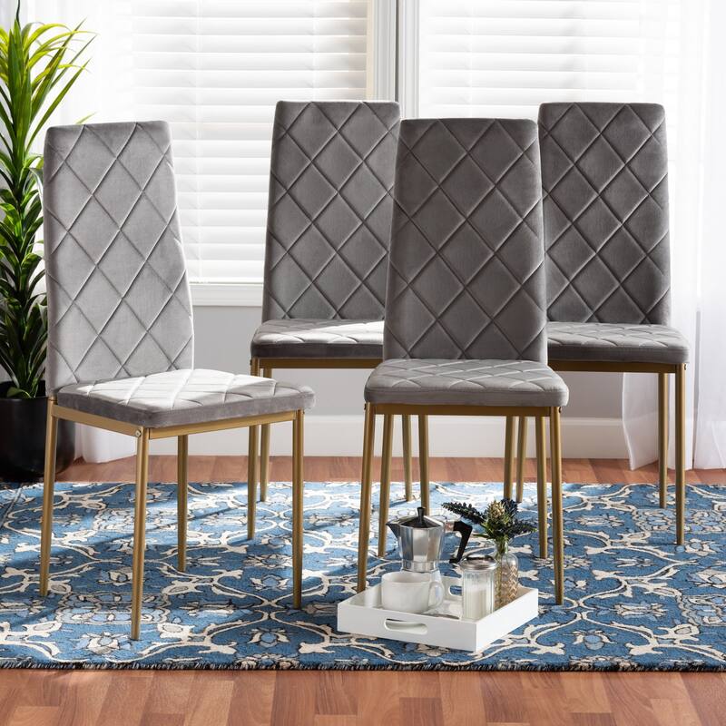 Modern Velvet Dining Chairs - 4 Piece Set - Grey Luxe Glam Metal Legs