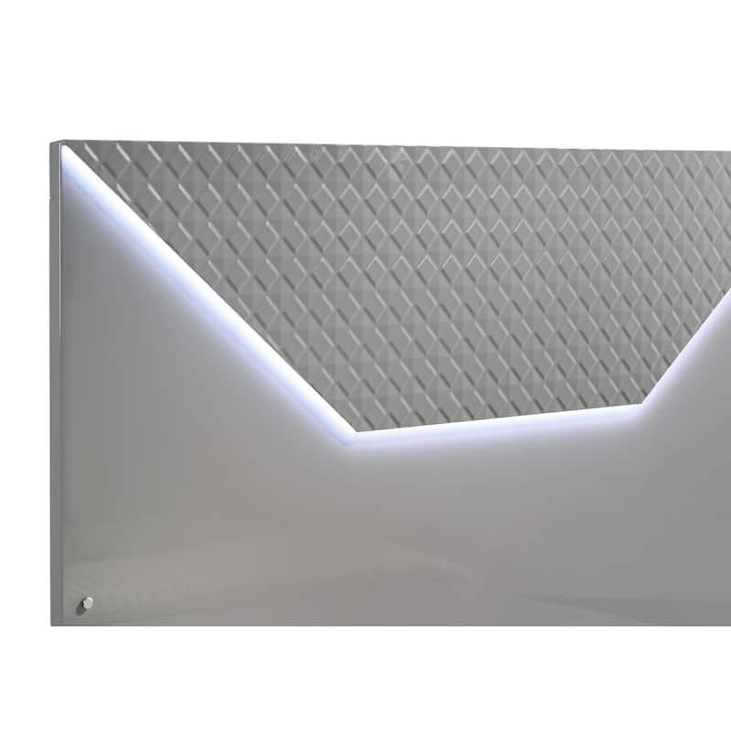 Ivon Queen Size Bed, 3D Embossed LED Headboard, Gray Solid Hardwood