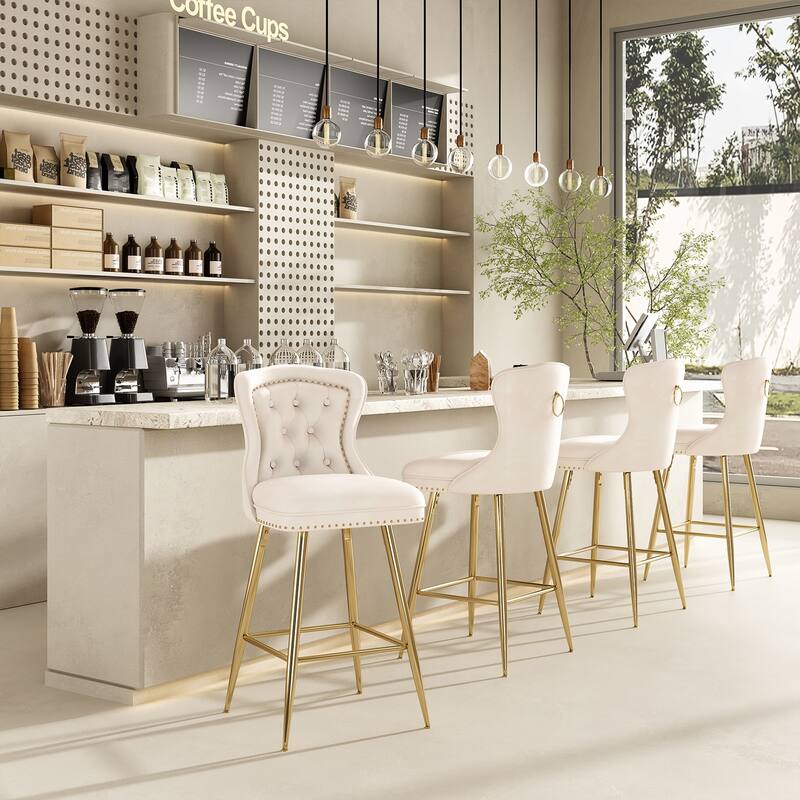 Bar Stools Set of 2, Velvet Counter Height Bar Stools with Metal Legs, Button Tufted and Nailheads Trim