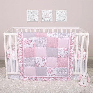 Wowelife Flower Crib Bedding Set Pink Birds Playing 7 Piece Baby Crib Sets with 4 Bumper Pads Pink-7 Piece 
