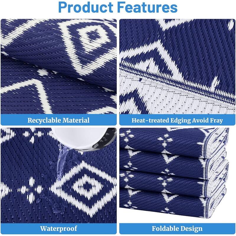 8' x 10' Reversible Outdoor Rug – Waterproof Plastic Straw Mat Blue