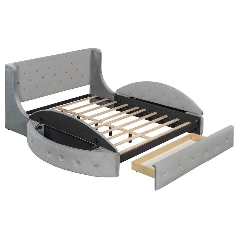 Upholstered Platform Bed Queen Size Storage Velvet Bed with Wingback Headboard and 1 Big Drawer,2 Side Storage Stool