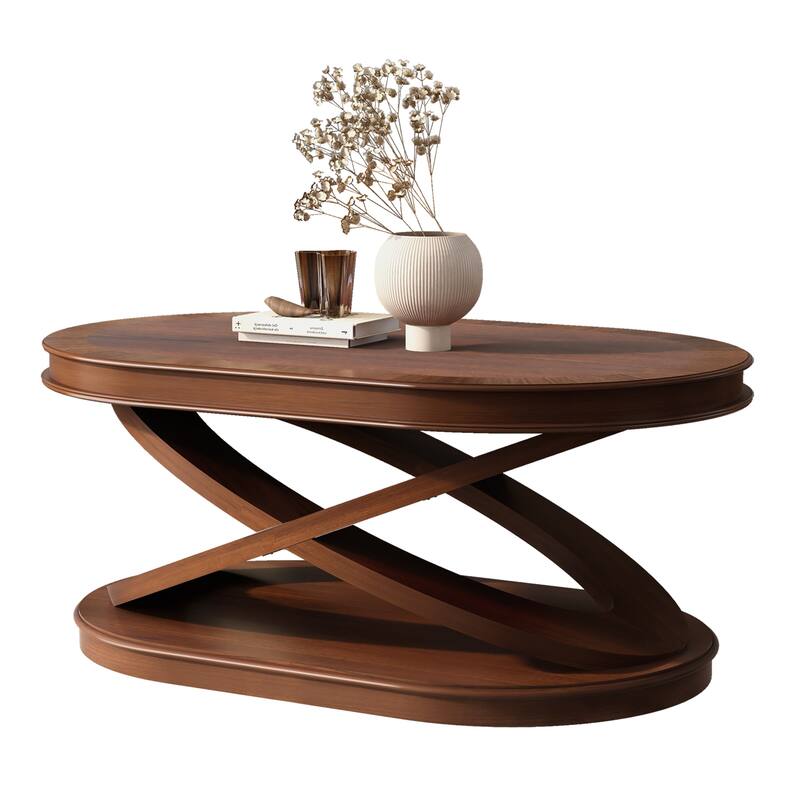 Oval Coffee Table Cocktail Table with X-Shaped Wood Legs, Wood Center Table Accent Table with Round End Table Set of 2